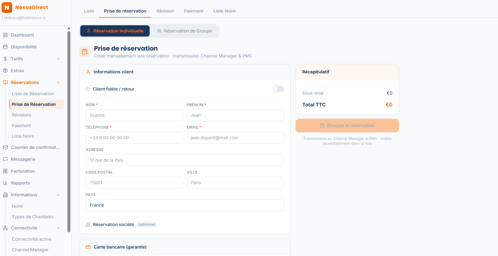 Extranet Sejora — Prise de réservation