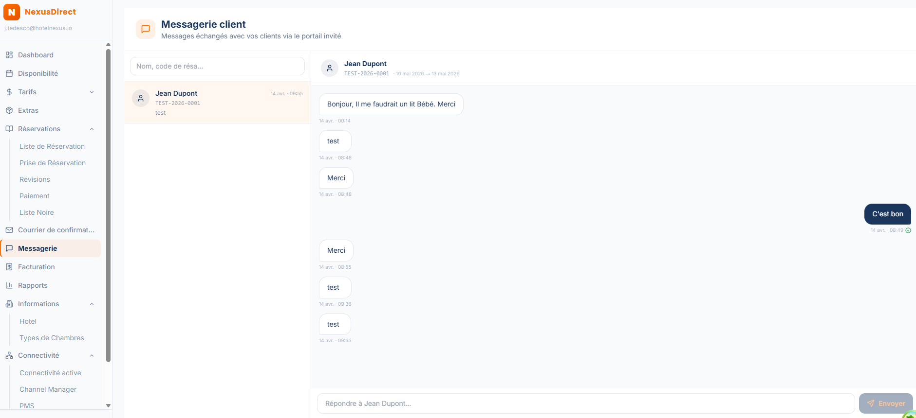 Extranet Sejora — Messagerie client directe