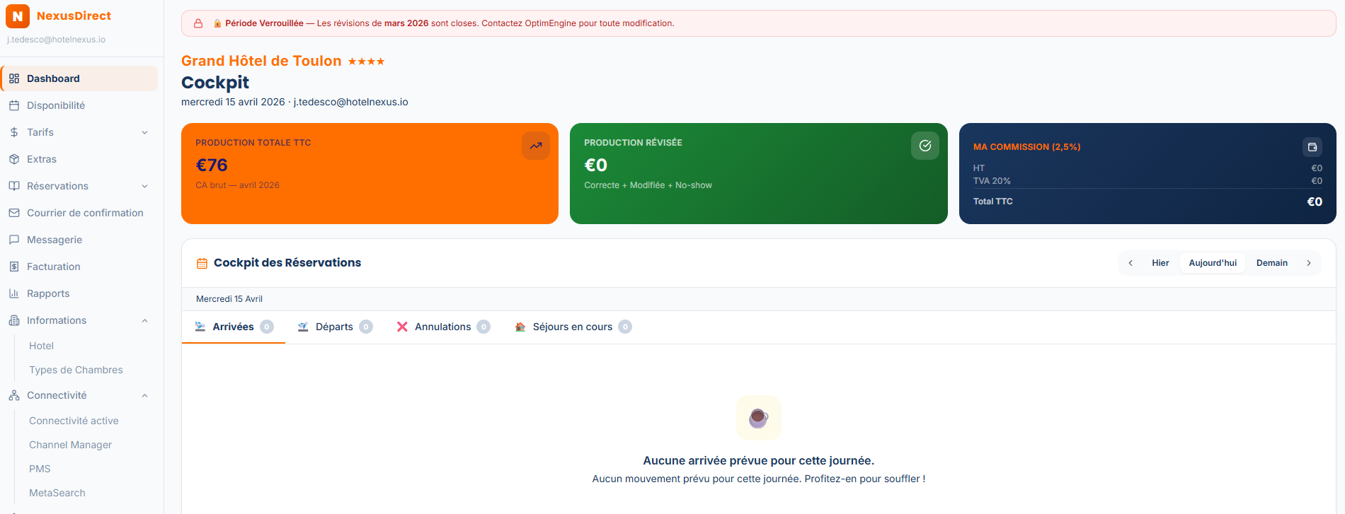 Extranet Sejora — Dashboard cockpit des réservations